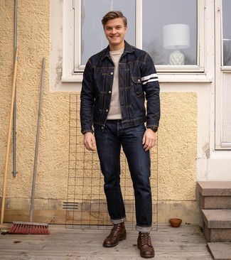 Dark Brown Leather Casual Boots Outfits For Men: If the situation allows casual dressing, you can easily dress in a navy denim jacket and navy jeans. A good pair of dark brown leather casual boots is an effortless way to punch up your look.