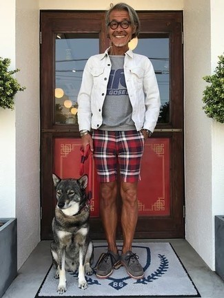 Charcoal Print Sweatshirt Outfits For Men: This pairing of a charcoal print sweatshirt and red plaid shorts looks put together and immediately makes you look cool. If you wish to immediately dress up your ensemble with a pair of shoes, why not go for a pair of grey suede boat shoes?