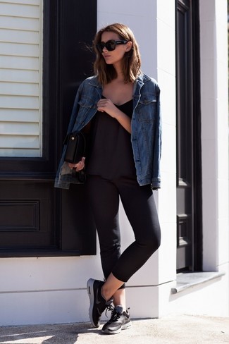Capri Pants Outfits: A blue denim jacket and capri pants are a cool pairing that will take you throughout the day and into the night. A pair of black athletic shoes instantly kicks up the cool of your look.