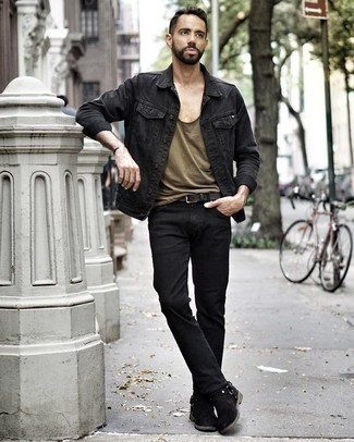 Olive Tank Outfits For Men: An olive tank and black jeans are the perfect way to inject effortless cool into your day-to-day styling routine. Add black suede chelsea boots to your look to immediately bump up the fashion factor of any getup.