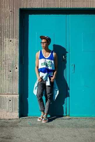 White and Blue Horizontal Striped Tank Outfits For Men: Consider wearing a white and blue horizontal striped tank and charcoal skinny jeans for a relaxed twist on casual urban style. For something more on the daring side to finish off this look, choose a pair of mint leather sandals.