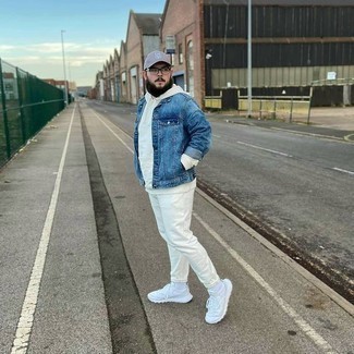 White Track Suit Outfits For Men: Why not wear a white track suit and a blue denim jacket? These two pieces are super practical and will look amazing paired together. White athletic shoes will bring an air of stylish casualness to an otherwise mostly classic ensemble.