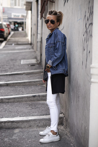 Women's Blue Denim Jacket, Black Tunic, White Skinny Jeans, White Leather Low Top Sneakers