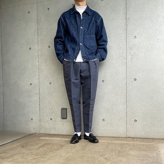 Men's Outfits 2021: For comfort dressing with a twist, go for a navy denim jacket and navy chinos. Complete this look with a pair of black leather tassel loafers to effortlessly rev up the classy factor of this outfit.