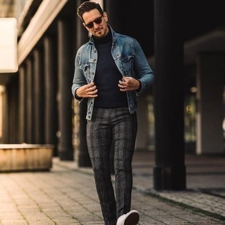 Charcoal Plaid Chinos Outfits: Combining a blue denim jacket with charcoal plaid chinos is a nice choice for an off-duty ensemble. When in doubt as to what to wear in the footwear department, add a pair of white canvas low top sneakers to the mix.