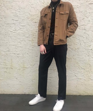 Brown Denim Jacket Outfits For Men: For something on the casual end, you can go for a brown denim jacket and black chinos. If you need to easily play down this ensemble with a pair of shoes, introduce a pair of white leather low top sneakers to this look.