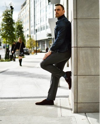 Dark Brown Suede Double Monks Outfits: A navy denim jacket and charcoal chinos are a wonderful combo that will take you throughout the day. Serve a little outfit-mixing magic by wearing a pair of dark brown suede double monks.