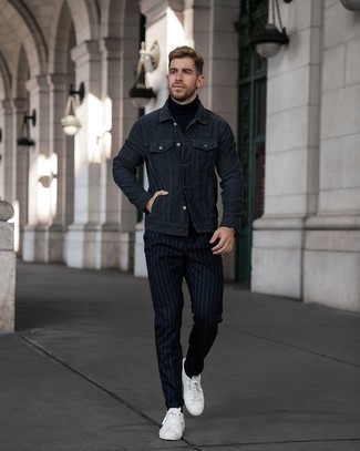 Navy Vertical Striped Chinos Outfits: Try pairing a navy denim jacket with navy vertical striped chinos to feel 100% confident and look casually cool. If you're puzzled as to how to finish, a pair of white canvas low top sneakers is a surefire option.