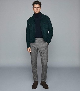 Men's Dark Green Corduroy Denim Jacket, Navy Wool Turtleneck, Grey Plaid Dress Pants, Dark Brown Suede Oxford Shoes