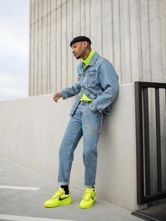 Light Blue Denim Jacket Outfits For Men: This combination of a light blue denim jacket and light blue jeans will cement your prowess in men's fashion even on lazy days. Our favorite of a myriad of ways to finish off this outfit is green-yellow leather low top sneakers.