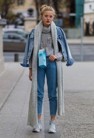 Women's Blue Denim Jacket, Grey Knit Turtleneck, Blue Jeans, Grey High Top Sneakers
