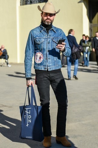 Men's Blue Denim Jacket, Black Turtleneck, Black Jeans, Tobacco Suede Chelsea Boots