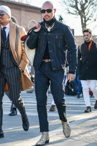 Tan Leather Chelsea Boots Outfits For Men: You're looking at the irrefutable proof that a navy denim jacket and navy jeans look amazing when paired together in a laid-back outfit. And if you want to effortlessly level up this ensemble with shoes, why not add a pair of tan leather chelsea boots to the equation?
