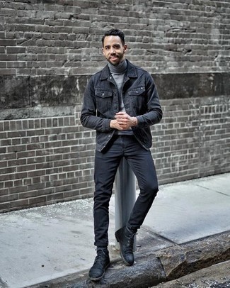 Men's Charcoal Denim Jacket, Grey Turtleneck, Navy Jeans, Black Suede Casual Boots