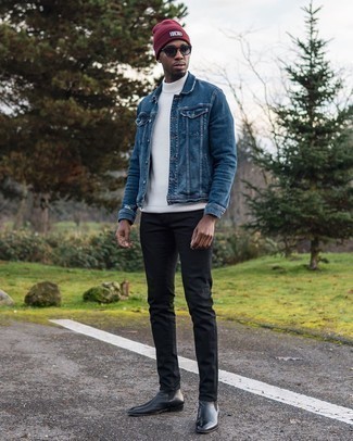 Red Beanie Outfits For Men: If you gravitate towards comfort dressing, why not consider this pairing of a blue denim jacket and a red beanie? Complete this getup with black leather chelsea boots to effortlessly dial up the style factor of any outfit.