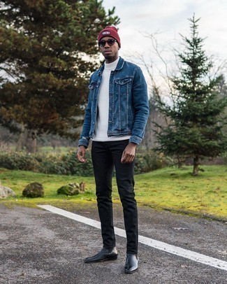 Burgundy Print Beanie Outfits For Men: Who said you can't make a fashion statement with a street style look? Make women go weak in the knees in a blue denim jacket and a burgundy print beanie. Not sure how to complete your outfit? Rock black leather chelsea boots to kick it up.