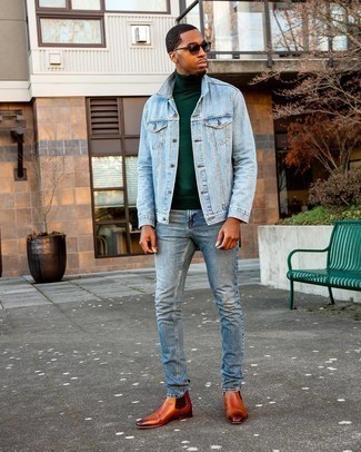 Dark Green Turtleneck Outfits For Men: Make a dark green turtleneck and light blue jeans your outfit choice for a casual level of dress. Tobacco leather chelsea boots will breathe an extra dose of style into an otherwise everyday look.