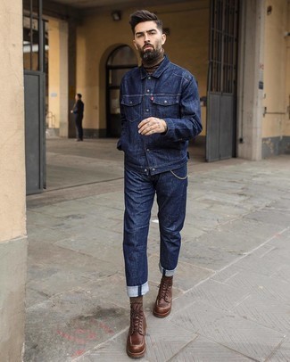 Tobacco Leather Casual Boots Warm Weather Outfits For Men: For a look that offers function and dapperness, consider teaming a navy denim jacket with navy jeans. Throw a pair of tobacco leather casual boots into the mix to easily amp up the fashion factor of any ensemble.
