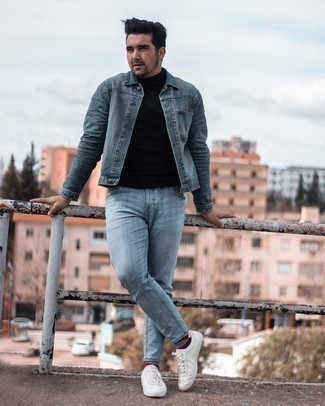 Blue Denim Jacket Outfits For Men: For something more on the casual and cool end, test drive this combination of a blue denim jacket and light blue jeans. Let your sartorial prowess really shine by rounding off your look with a pair of white canvas low top sneakers.