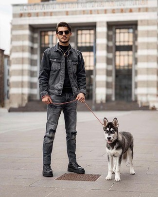 Black Leather Work Boots Outfits For Men: This combination of a charcoal denim jacket and charcoal ripped jeans embodies comfort and style. Ramp up your getup by finishing with a pair of black leather work boots.