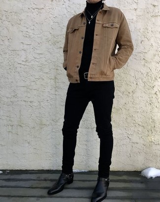 Beige Denim Jacket Outfits For Men: This casual pairing of a beige denim jacket and black skinny jeans is very easy to put together without a second thought, helping you look awesome and ready for anything without spending too much time rummaging through your wardrobe. Balance this outfit with a sleeker kind of shoes, like these black leather chelsea boots.