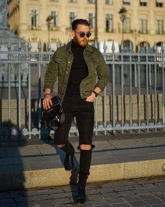 Olive Denim Jacket Outfits For Men: An olive denim jacket and black ripped skinny jeans are amazing menswear essentials that will integrate really well within your casual fashion mix. For something more on the classy side to complement this ensemble, complement this outfit with black leather chelsea boots.