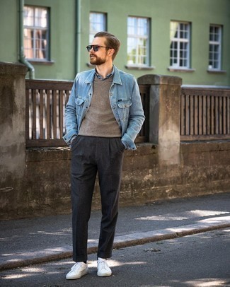 Blue Chambray Long Sleeve Shirt Outfits For Men: Rock a blue chambray long sleeve shirt with charcoal chinos for a cool and casual and stylish outfit. To introduce a dose of stylish casualness to this ensemble, add a pair of white canvas low top sneakers to the equation.