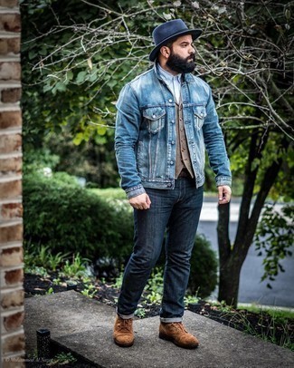Navy Wool Hat Outfits For Men: Pair a blue denim jacket with a navy wool hat if you seek to look casually stylish without too much work. For something more on the dressier side to complement this look, introduce a pair of brown suede casual boots to this look.
