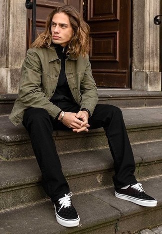 Olive Denim Jacket Outfits For Men: We say a big yes to this off-duty pairing of an olive denim jacket and black jeans! A pair of black and white canvas low top sneakers will be a welcome accompaniment for your outfit.