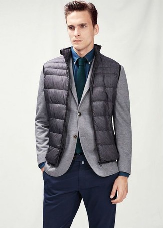 Charcoal Gilet with Blazer Outfits For Men: 