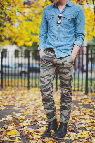 Men's Blue Denim Shirt, Olive Camouflage Chinos, Black Leather Casual Boots, Dark Brown Leather Belt