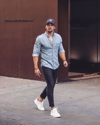 Navy Check Chinos Outfits: This laid-back combination of a light blue denim shirt and navy check chinos is a winning option when you need to look dapper in a flash. Complete this ensemble with white canvas low top sneakers and you're all set looking amazing.