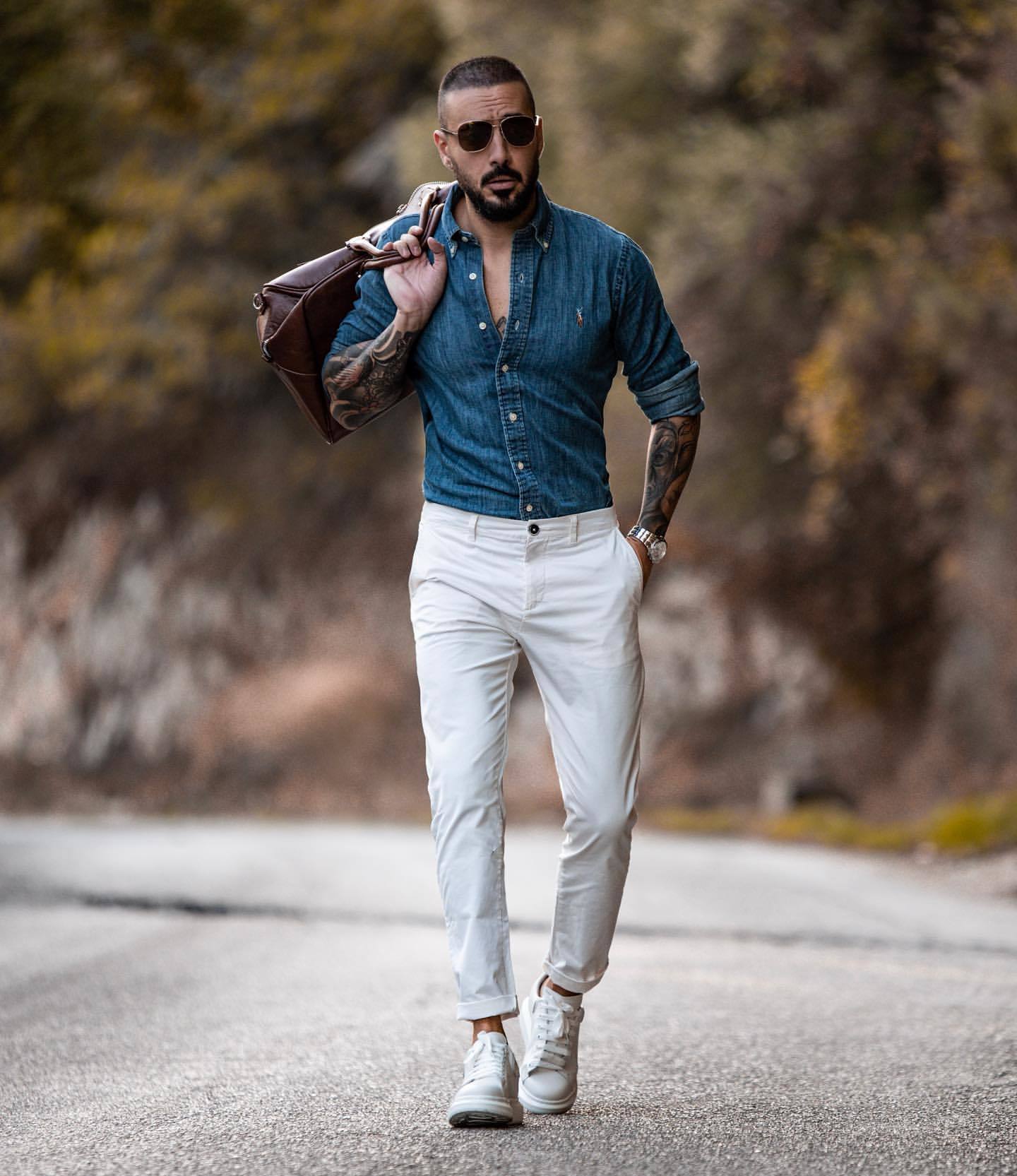 Dark blue denim shirt with white jeans. | White jeans, Casual outfits, Style