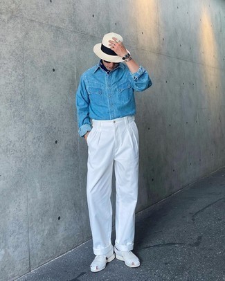 Oxford Shoes Outfits: If you want take your casual game to a new height, dress in a light blue denim shirt and white chinos. Go ahead and add a pair of oxford shoes to the equation for a sense of polish.