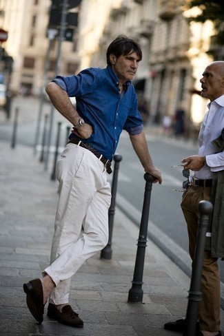 Blue Denim Shirt with White Chinos Outfits: For an outfit that provides function and fashion, consider teaming a blue denim shirt with white chinos. Don't know how to finish off this outfit? Wear a pair of dark brown suede tassel loafers to lift it up.