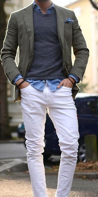 Men's White Jeans, Light Blue Denim Shirt, Charcoal Crew-neck Sweater, Olive Cotton Blazer