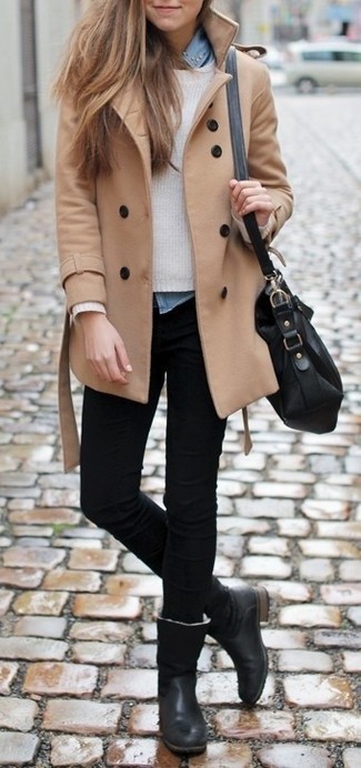 Camel Coat with Denim Shirt Outfits For Women: 