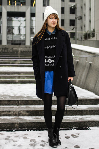 Women's Blue Denim Skater Skirt, Navy Denim Shirt, Black and White Geometric Crew-neck Sweater, Black Coat