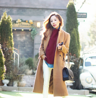 Camel Coat with Denim Shirt Outfits For Women: 