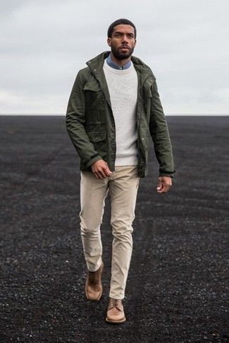 Olive Military Jacket with Brown Leather Derby Shoes Outfits: 