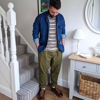 Navy Denim Shirt Outfits For Men: A navy denim shirt and olive chinos? This is easily a wearable outfit that anyone can wear on a day-to-day basis. Introduce a pair of dark brown leather low top sneakers to this ensemble and the whole look will come together brilliantly.
