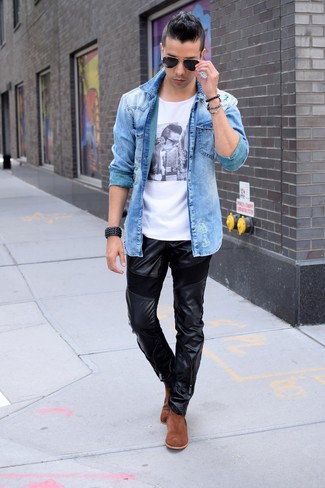Men's Blue Denim Shirt, White and Black Print Crew-neck T-shirt, Black Leather Chinos, Tobacco Suede Chelsea Boots