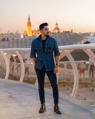 Denim Shirt Outfits For Men: Such pieces as a denim shirt and navy chinos are an easy way to infuse toned down dapperness into your daily casual collection. For a trendy mix, introduce dark brown leather chelsea boots to the equation.