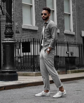 Grey Canvas Watch Outfits For Men: This pairing of a grey denim shirt and a grey canvas watch is the perfect foundation for a laid-back and cool getup. For something more on the elegant side to complete your outfit, complement this outfit with a pair of white canvas low top sneakers.