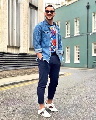 Men's Blue Denim Shirt, Aquamarine Floral Crew-neck T-shirt, Navy Chinos, White Print Leather Low Top Sneakers