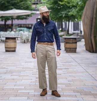 Beige Chinos Spring Outfits: A navy denim shirt and beige chinos are an easy way to introduce extra cool into your off-duty collection. Rev up this ensemble with a pair of brown suede casual boots. So if you're on a mission for a kick-ass winter-to-spring look, you found it.