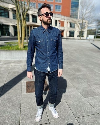 Black Sunglasses Casual Outfits For Men: Why not consider pairing a navy denim shirt with black sunglasses? As well as very functional, these pieces look cool matched together. Introduce white canvas high top sneakers to this ensemble to immediately step up the wow factor of any getup.