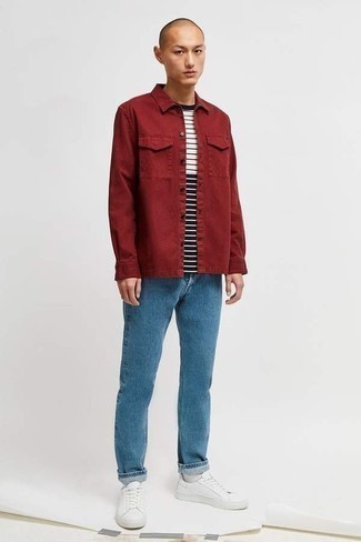 Plus Washed Overshirt Shirt With Contrast Stitching In Burgundy