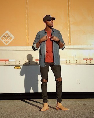 Dark Brown Ripped Jeans Outfits For Men: A grey denim shirt and dark brown ripped jeans are a favorite off-duty combination for many fashion-savvy guys. Tan suede chelsea boots are an effortless way to inject a hint of sophistication into this look.