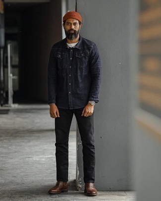Navy Denim Shirt Outfits For Men: You'll be surprised at how easy it is for any man to get dressed like this. Just a navy denim shirt worn with black jeans. For a more sophisticated aesthetic, throw a pair of dark brown leather chelsea boots into the mix.